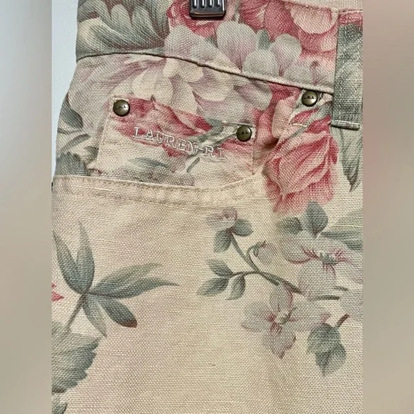 Lauren Ralph Lauren Soft Linen Floral Cargo Cropped Pants Women Capri 6 Beige - Picture 3 of 5